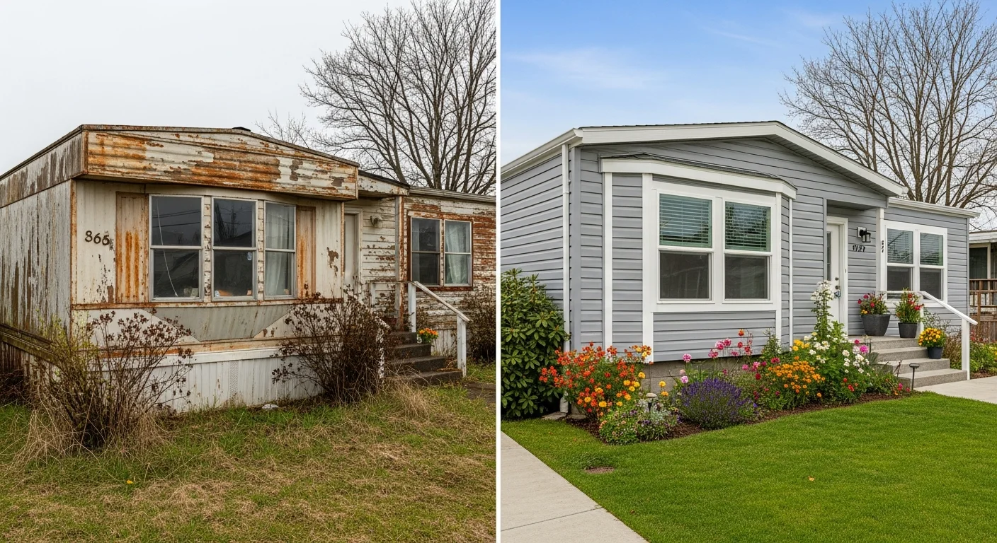 Before and after comparison of an old mobile home exterior remodel showing dramatic transformation from dated appearance to modern beautiful home