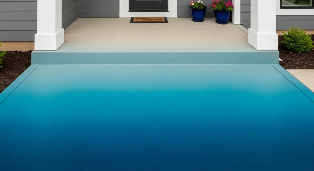 Ombre gradient paint effect on concrete porch transitioning from light to dark blue