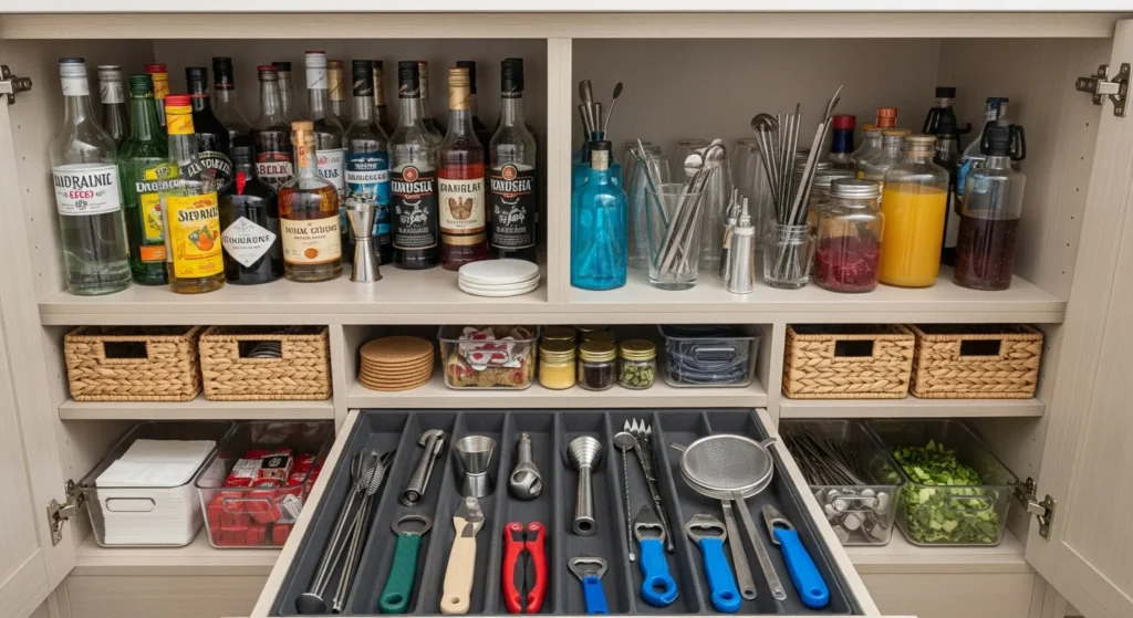 Organized under-counter storage beneath balcony bar with shelves, drawers, and baskets holding bar supplies