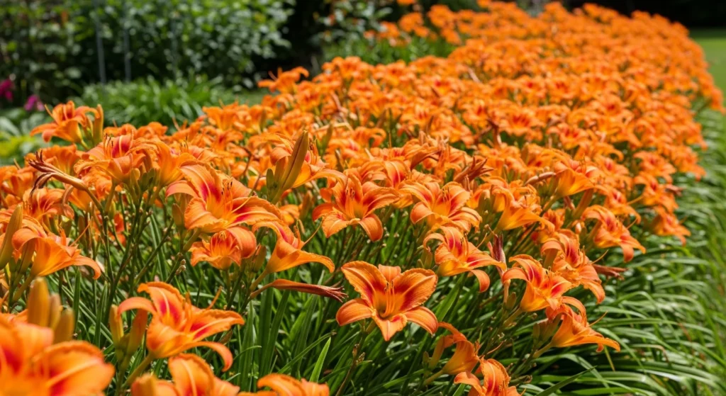 Bold band of orange daylilies in full bloom creating vibrant ribbon with large trumpet shaped flowers and green foliage
