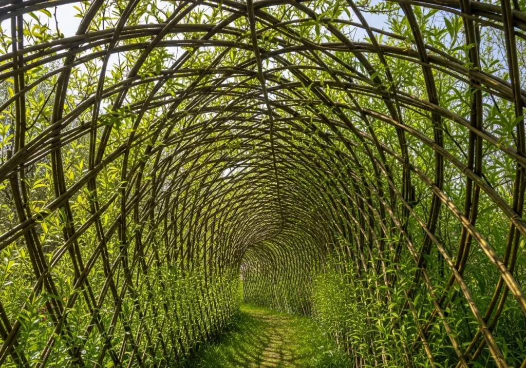 An organic tunnel structure made entirely from fresh green leaves growing from the woven framework.