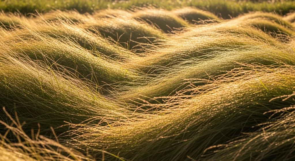 Flowing waves of ornamental grasses swaying in breeze creating ribbons of golden and green texture through naturalistic landscape