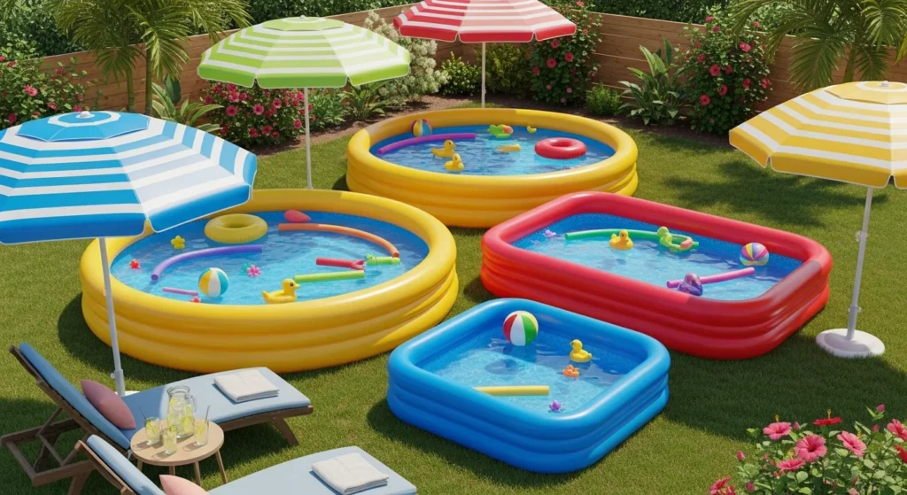 Multiple inflatable pools of different sizes arranged in a backyard with toys and umbrellas