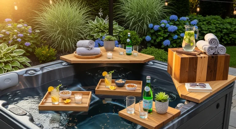 A beautifully styled outdoor hot tub scene showcasing multiple types of creative DIY tables around a modern spa, including floating trays, corner-mounted wooden tables, and side tables with drinks and accessories