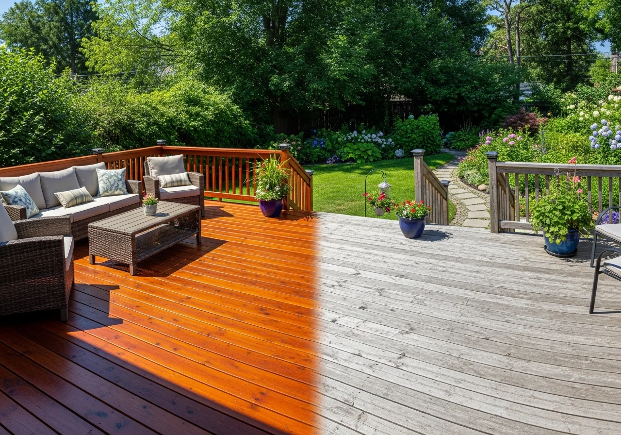 A beautiful outdoor wooden deck in the process of transformation, showing half refinished with rich mahogany stain.