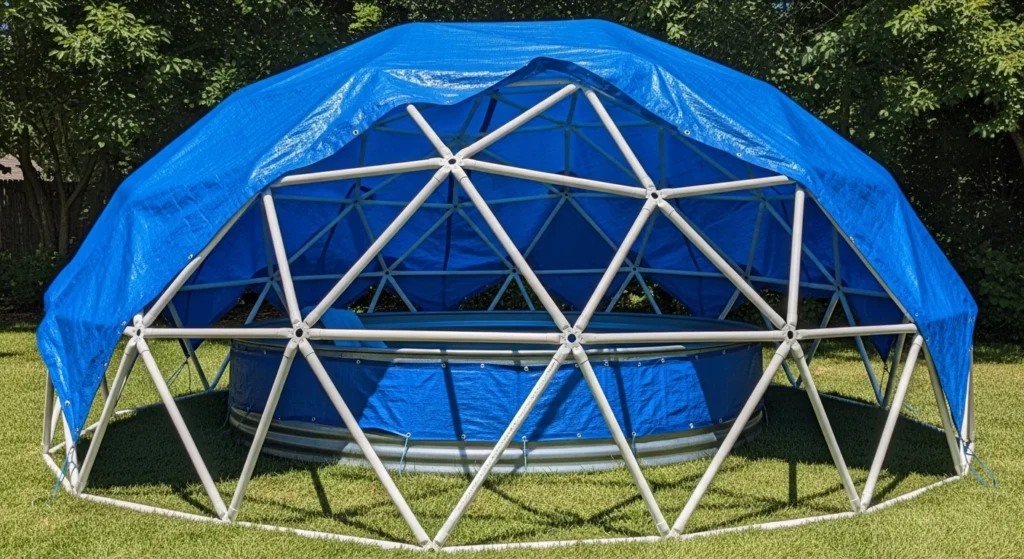 White PVC pipe dome frame supporting tarp cover over stock tank pool with peaked drainage design