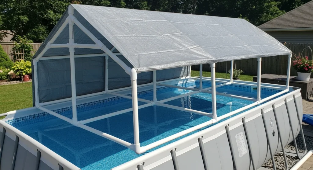  White PVC pipe frame structure with tarp creating an elevated pool cover system.