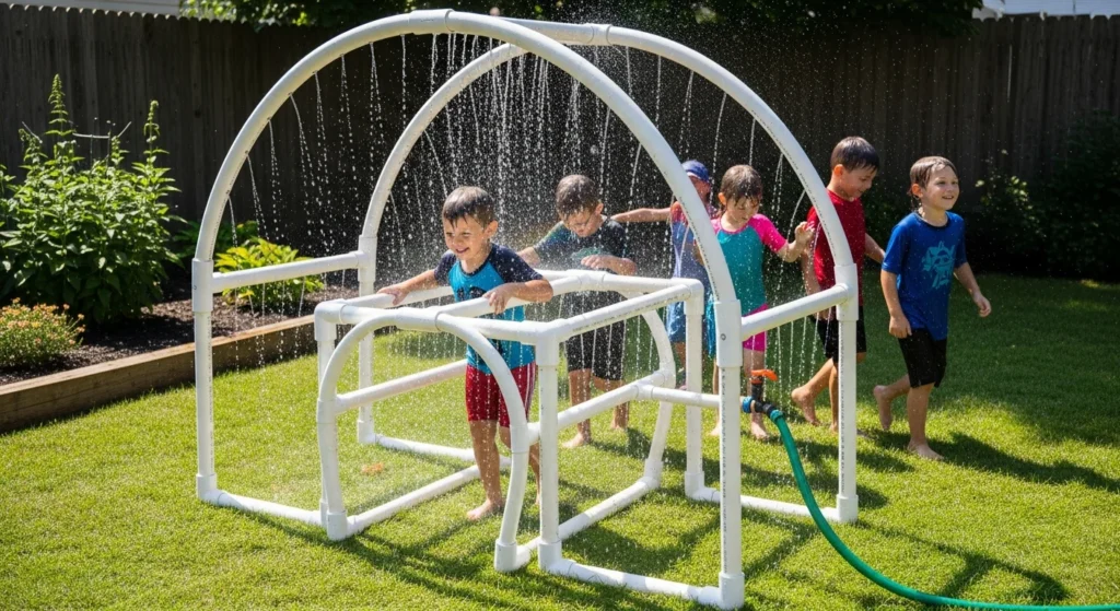 White PVC pipe structure creating arching water sprays with children walking through the splash zone
