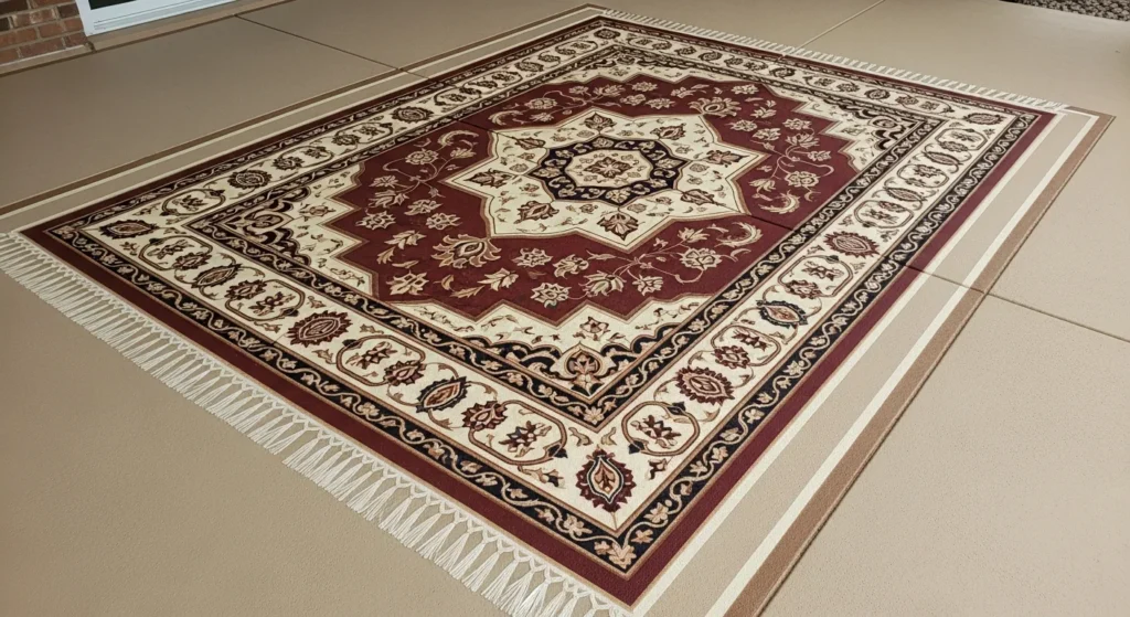 Painted area rug effect on concrete porch with Persian inspired pattern and borders