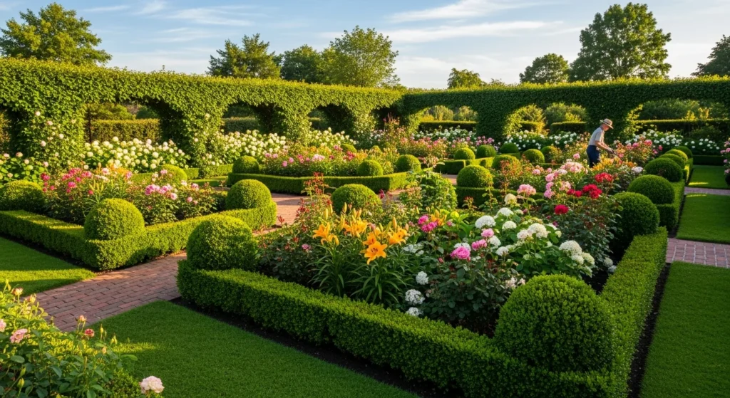 Clipped hedges softened by billowing catmint and cascading roses in formal garden