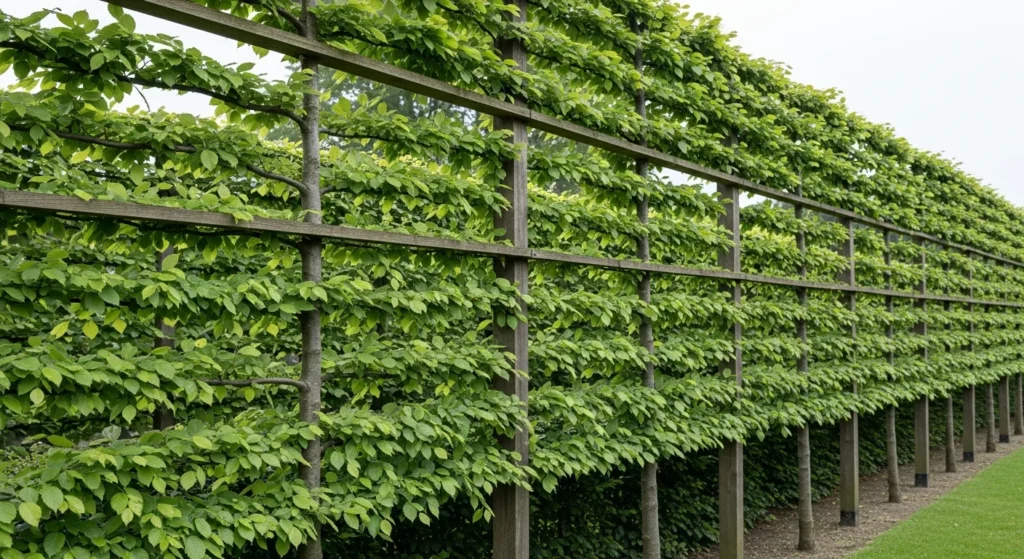 Row of pleached hornbeam trees trained on horizontal framework forming green wall