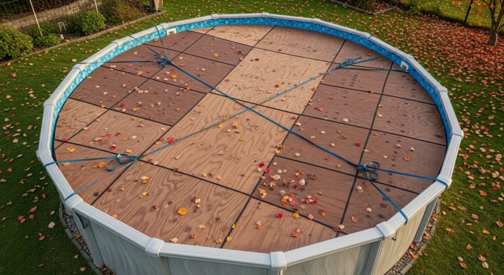   Exterior grade plywood panels used as a DIY pool cover on a metal frame pool.