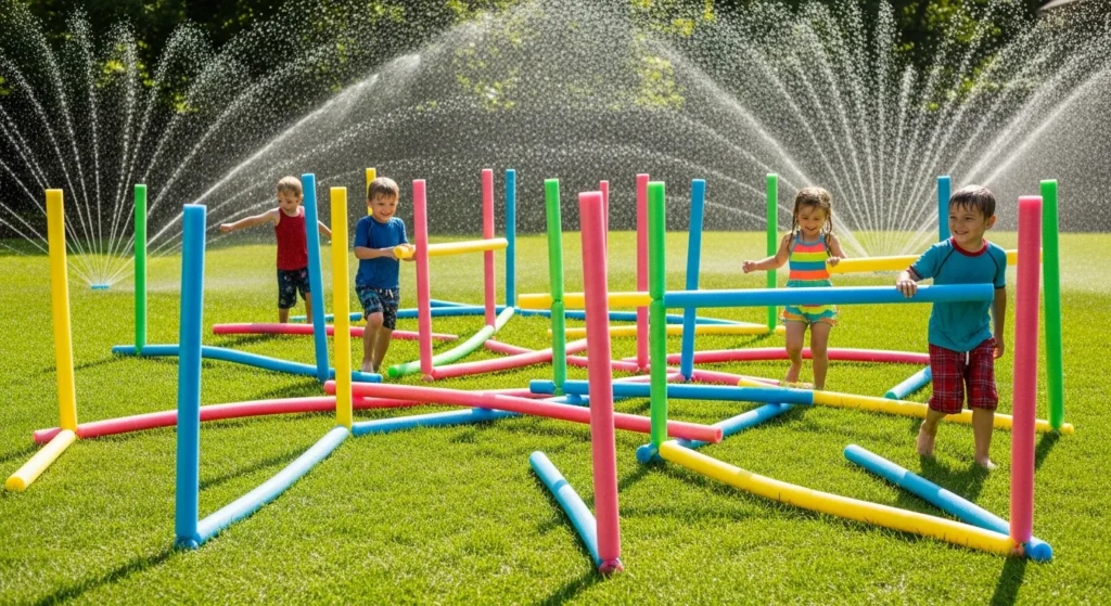 Colorful pool noodles standing vertically creating an obstacle field in a backyard
