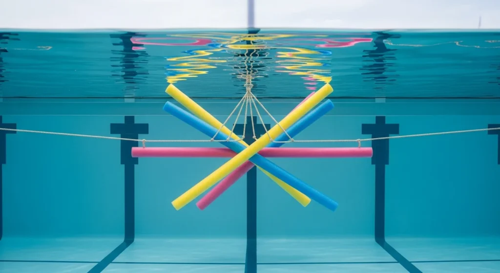 Colorful foam pool noodles in X-pattern under pool cover preventing water accumulation