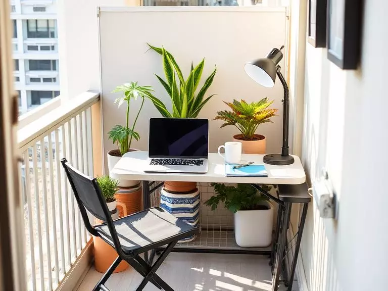 A productive small balcony workspace setup featuring a compact folding table with laptop and notebook, ergonomic folding chair, small side table with coffee mug, portable task lamp, potted plants providing greenery