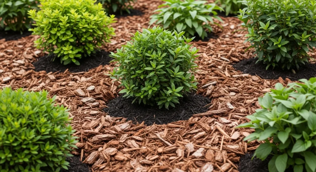 Proper mulching technique with organic bark mulch applied around garden plants