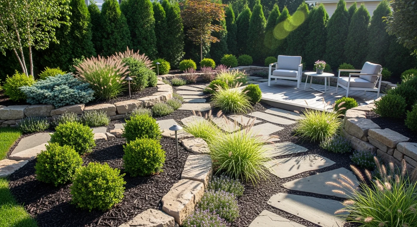 Professional low-maintenance garden design featuring layered plantings, stone pathways, and modern hardscaping elements
