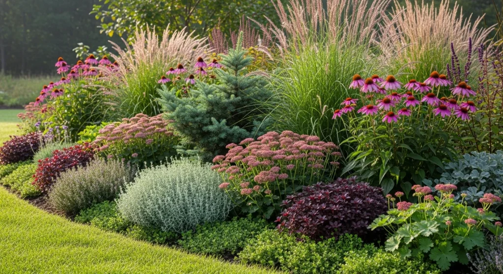 Selection of low-maintenance plants including evergreen shrubs, perennials, and ornamental grasses