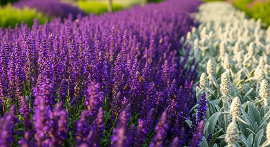 Long sweeping drift of purple salvia flowers creating violet blue river through garden with bees visiting blooms