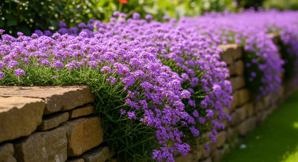 Low growing purple verbena creating colorful spreading ribbons along garden border edge cascading over stone wall