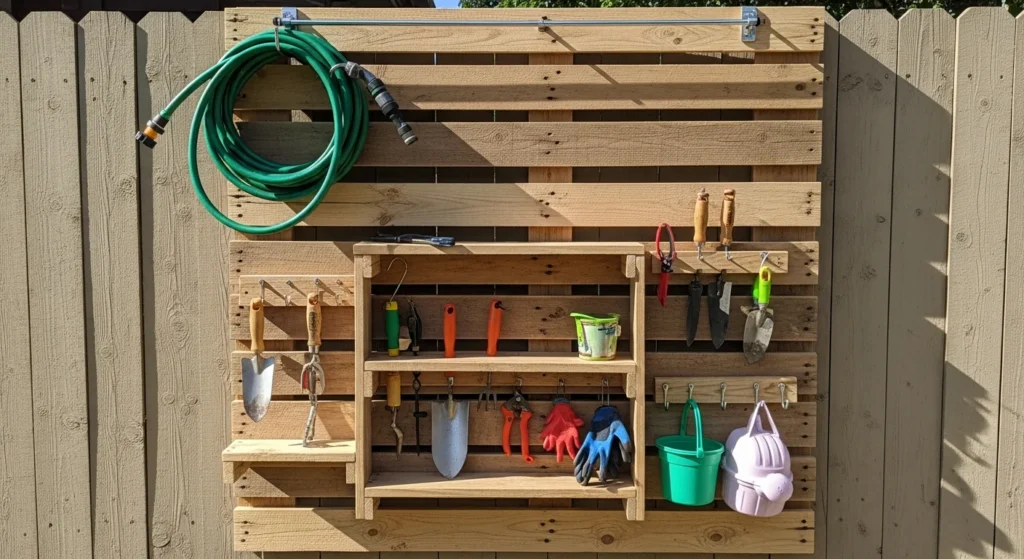 Reclaimed pallet wood vertical tool station with garden hose storage and organized gardening tools