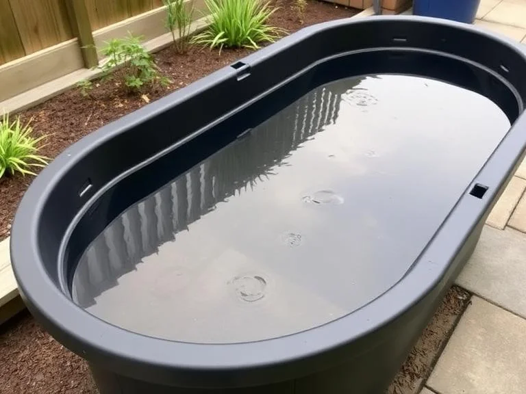 A large oval plastic water trough filled with clear water, positioned in a backyard .