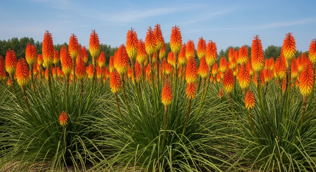 Bold drift of orange and yellow red hot poker plants with dramatic vertical torch like flower spikes in contemporary garden