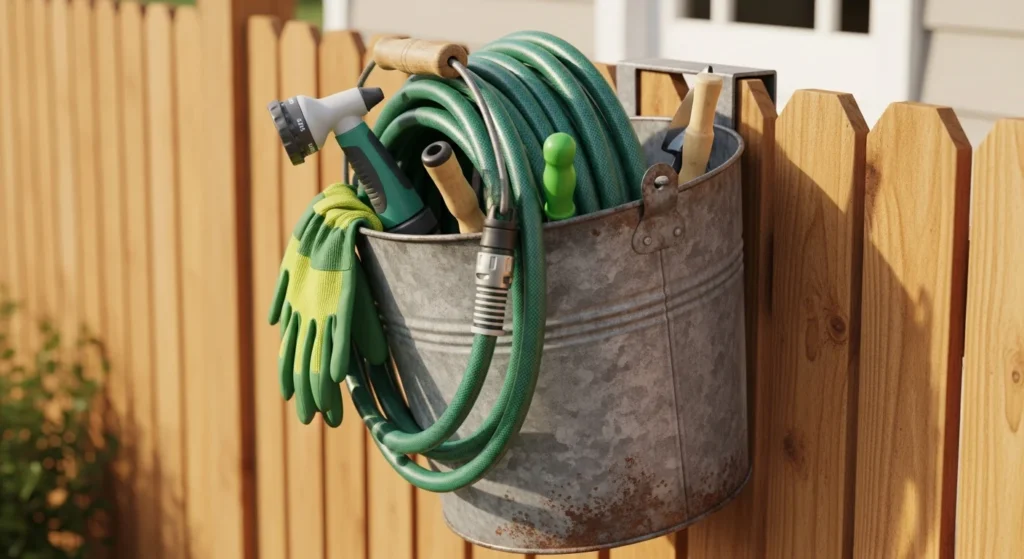 Vintage galvanized bucket repurposed as rustic garden water hose holder mounted on wooden fence