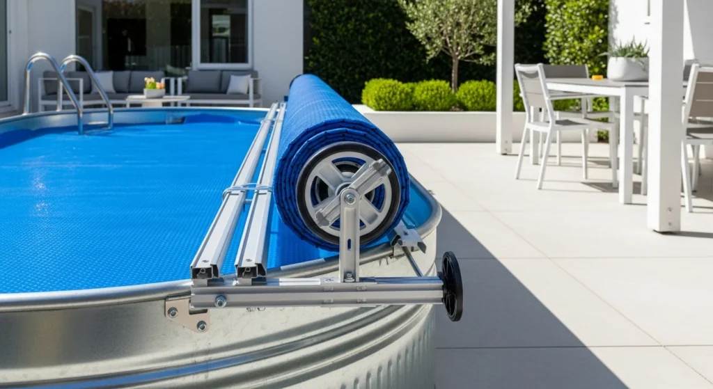 Wheeled rolling cover mechanism with rigid cover partially extended over stock tank pool