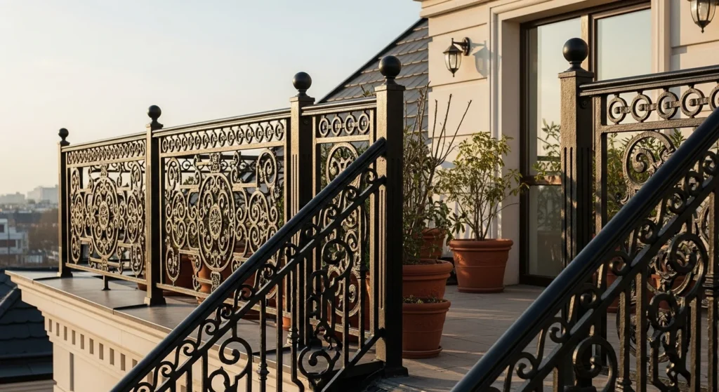 Elegant residential rooftop with ornate black wrought iron railings.