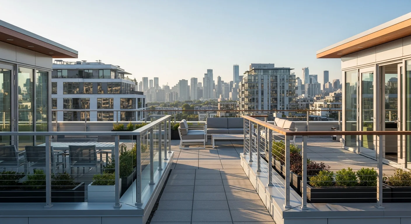 A stunning modern rooftop terrace with multiple stylish railing designs