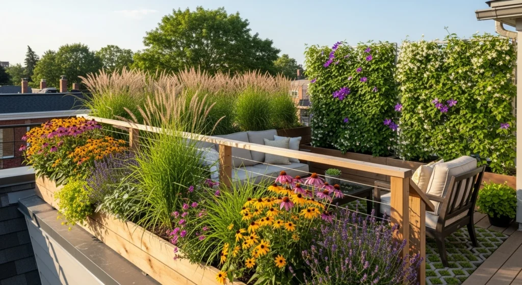Beautiful residential rooftop with railing system featuring built-in wooden planter boxes.