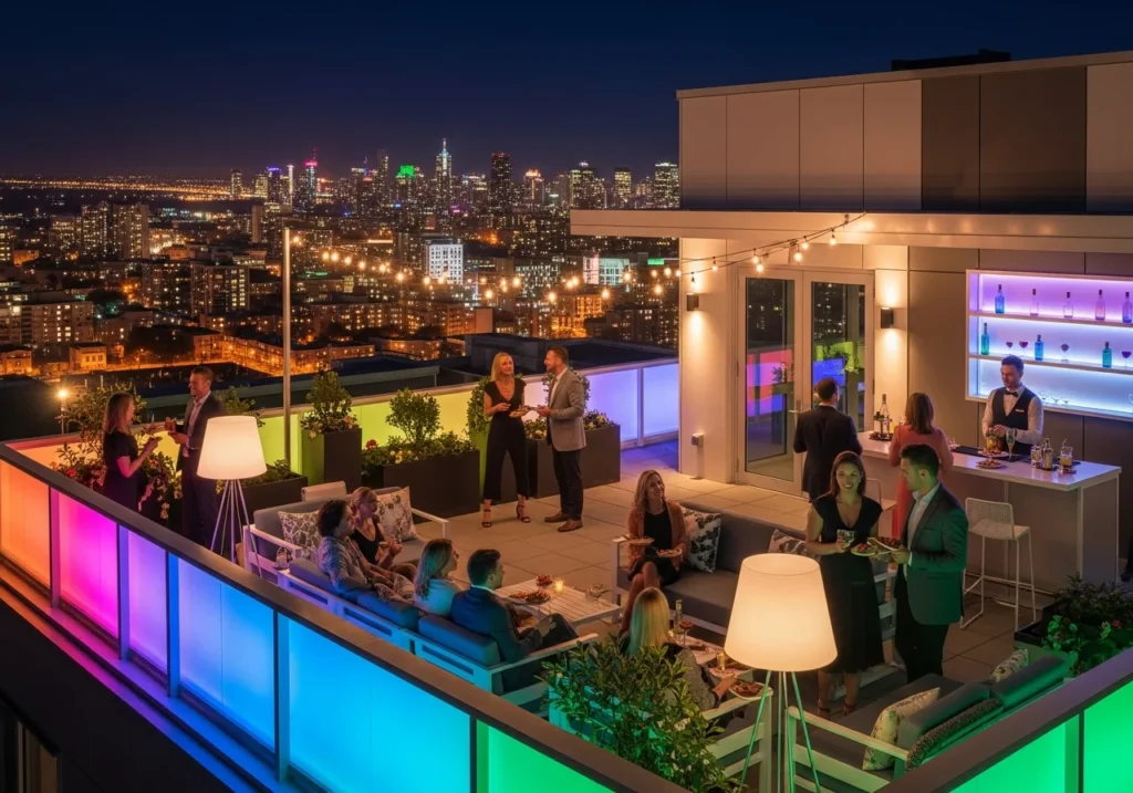 Contemporary apartment rooftop at night with LED-illuminated railings, residents enjoying .