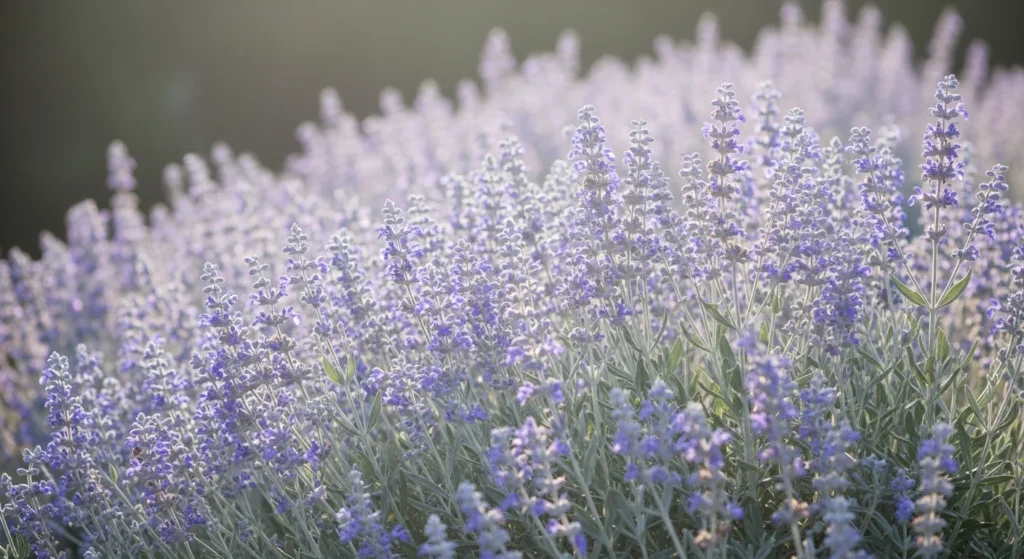 Ethereal drift of Russian sage with silvery stems and misty lavender blue flowers creating airy veils in sunny garden