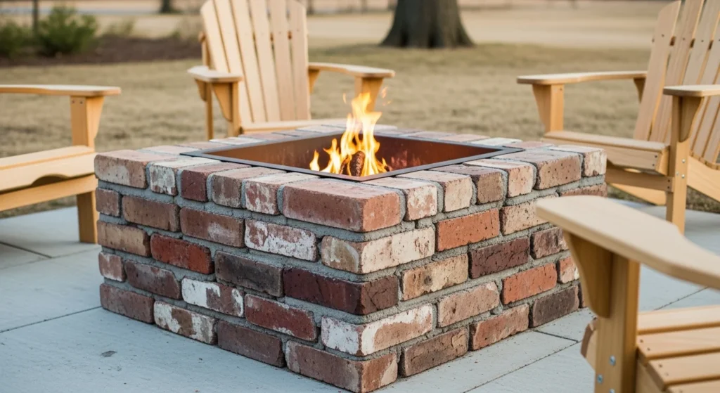 Weathered reclaimed brick fire pit with varied textures and aged appearance