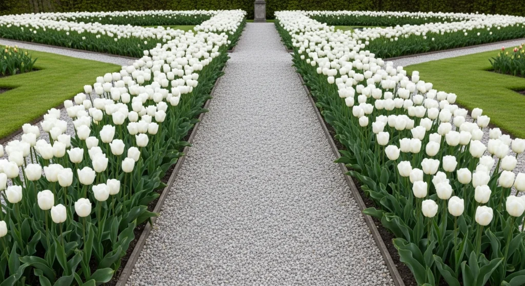 White tulips planted in straight rows along formal garden pathway edges