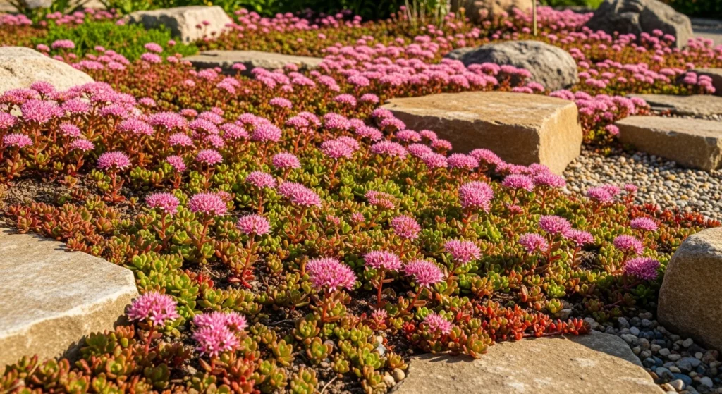 Dense mat of low growing sedum spreading across sunny rock garden with succulent foliage and pink flower clusters