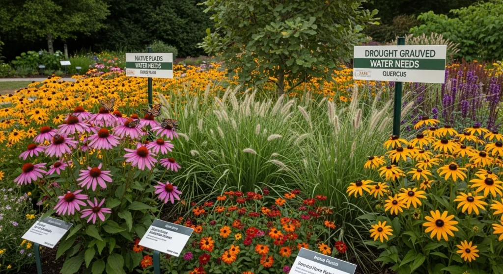 Native plant garden featuring drought-tolerant wildflowers, ornamental grasses, and native trees supporting pollinators and requiring minimal water