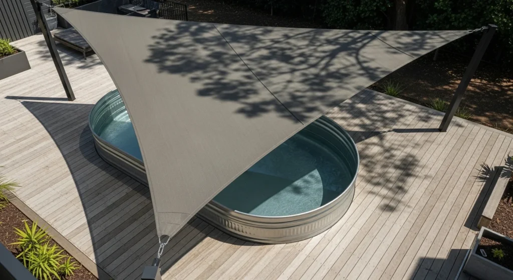 Triangular shade sail stretched over stock tank pool mounted on corner posts for sun and debris protection