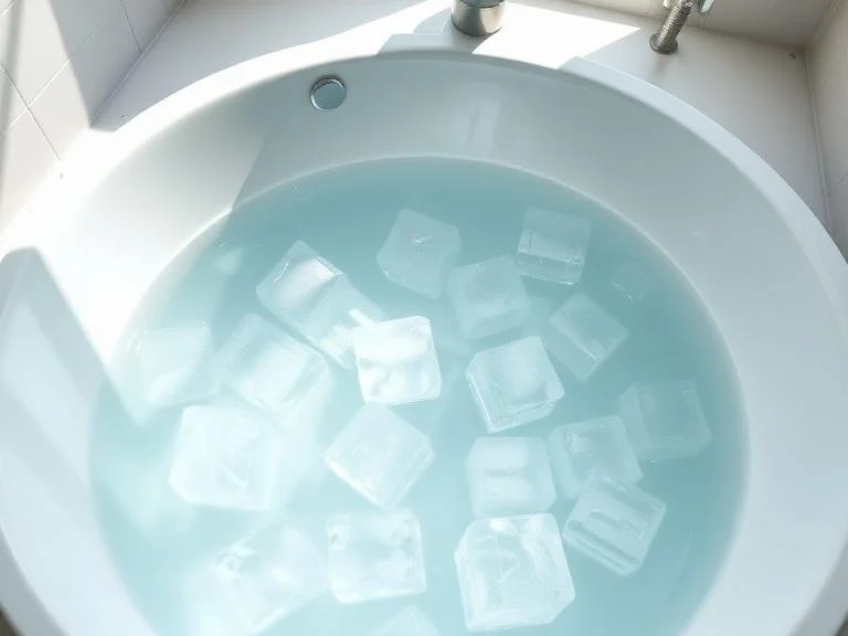 A clean white bathtub filled with crystal clear cold water and floating ice cubes, bathroom setting with minimalist decor, natural window light, steam or condensation on surfaces suggesting cold temperature, photorealistic, overhead angle