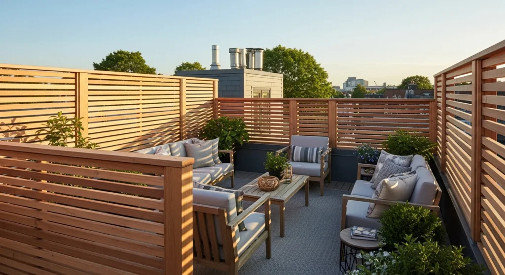Cozy rooftop terrace with wooden slats.
