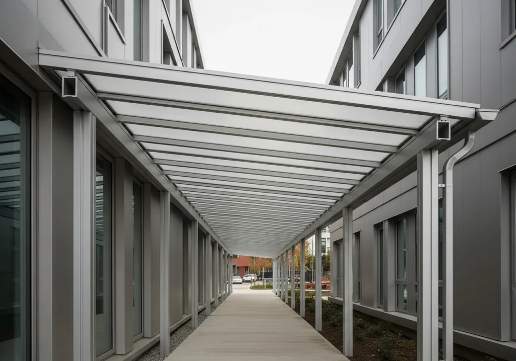 A sleek modular aluminum walkway canopy with clean lines and powder-coated silver.