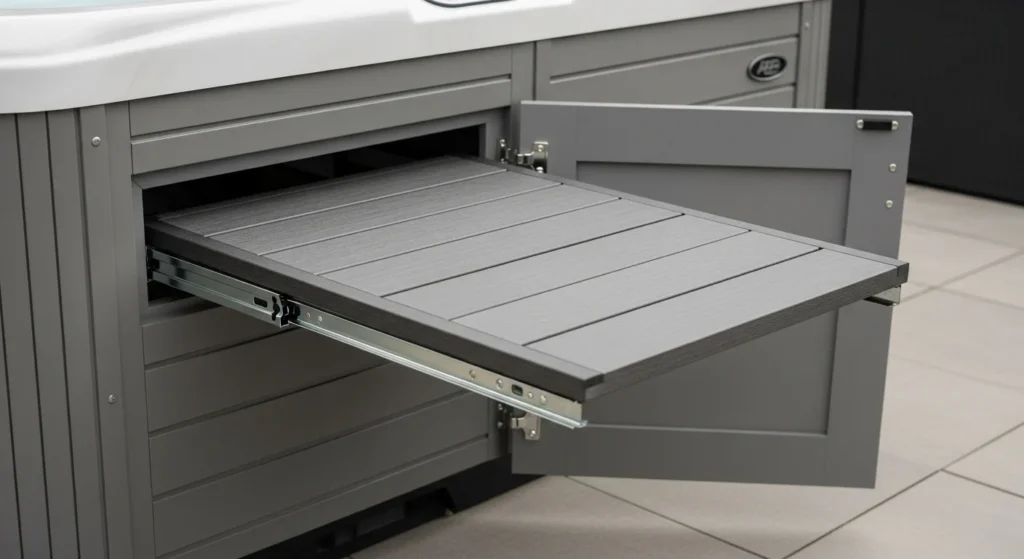 A concealed slide-out table mechanism mounted under a hot tub cabinet.