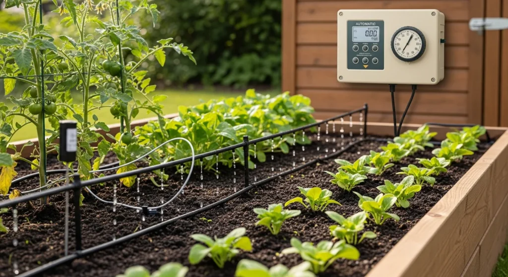 Smart drip irrigation system with automatic timers for efficient garden watering.