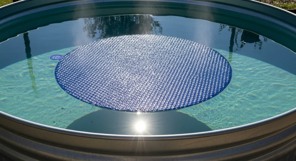 Dark blue solar bubble cover floating on water surface of stock tank pool for heat retention