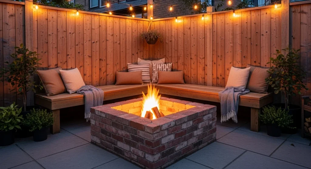 Square brick fire pit positioned in corner between two walls