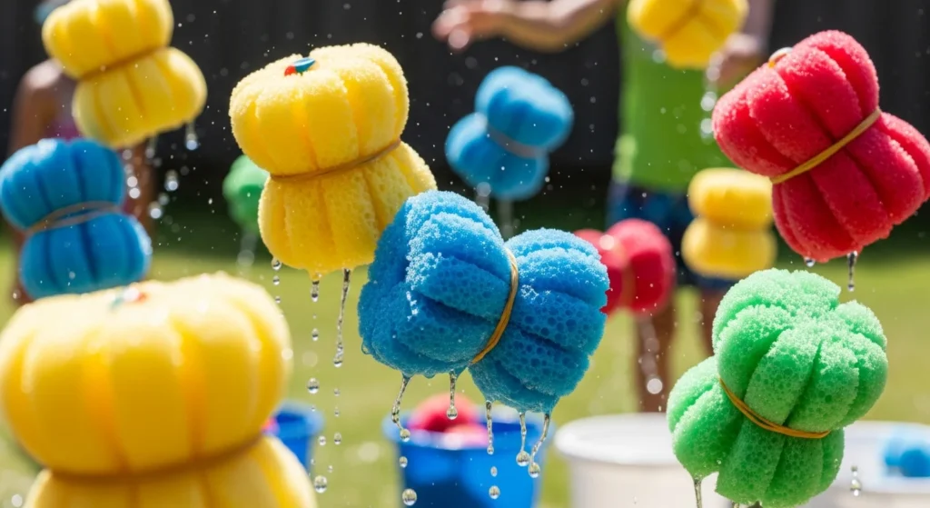 Bundled sponge bombs soaked with water being tossed in a backyard game