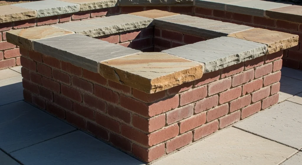 Square fire pit featuring overhanging flagstone caps on top of brick walls