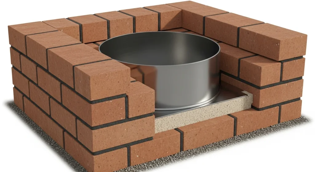 Hybrid square fire pit combining brick exterior with steel liner interior