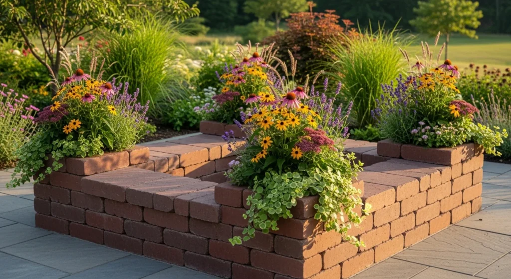 Square brick fire pit softened with built-in planters filled with ornamental grasses